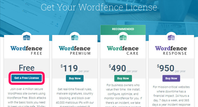 『GET YOUR WORDFENCE LICENSE』（日本語：ワードフェンスのライセンスを取得する）をでFREEをクリックします。