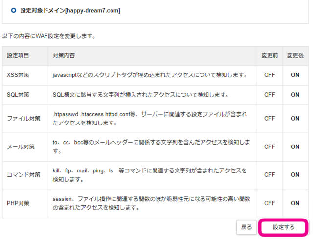 エックスサーバーWAF設定の変更前と変更後の確認画面の画像
