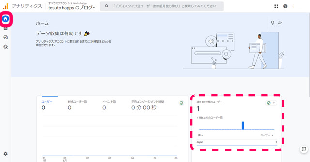 グーグルアナリティクスのホーム画面で『データ収集は有効です』と記載された画像