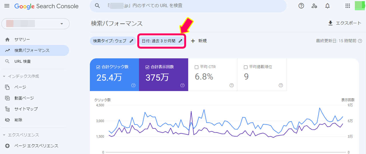 グーグルサーチコンソールで日付をクリックを促す画像