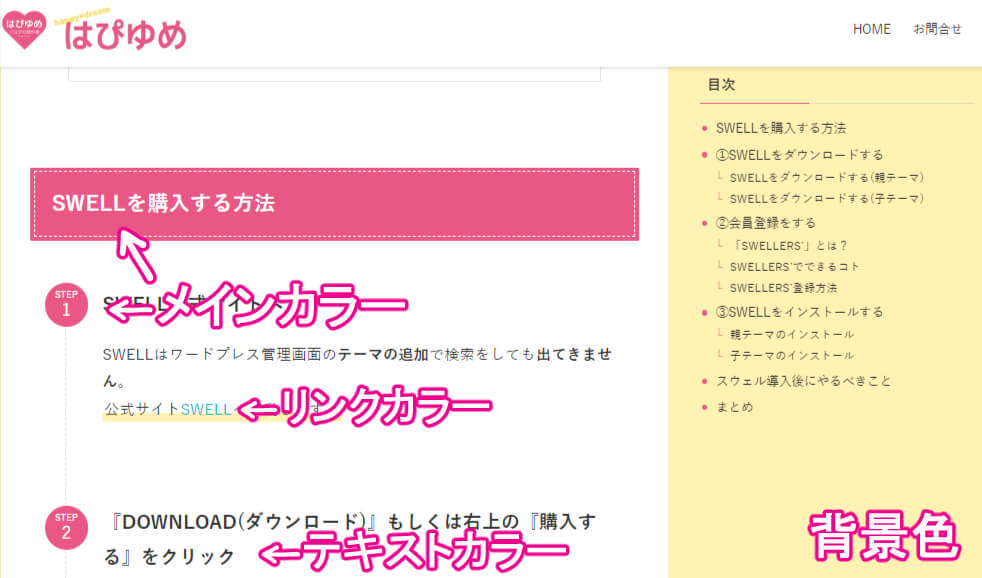 メインカラー　リンクカラー　テキストカラー背景色が分かるように記載したサイト画像