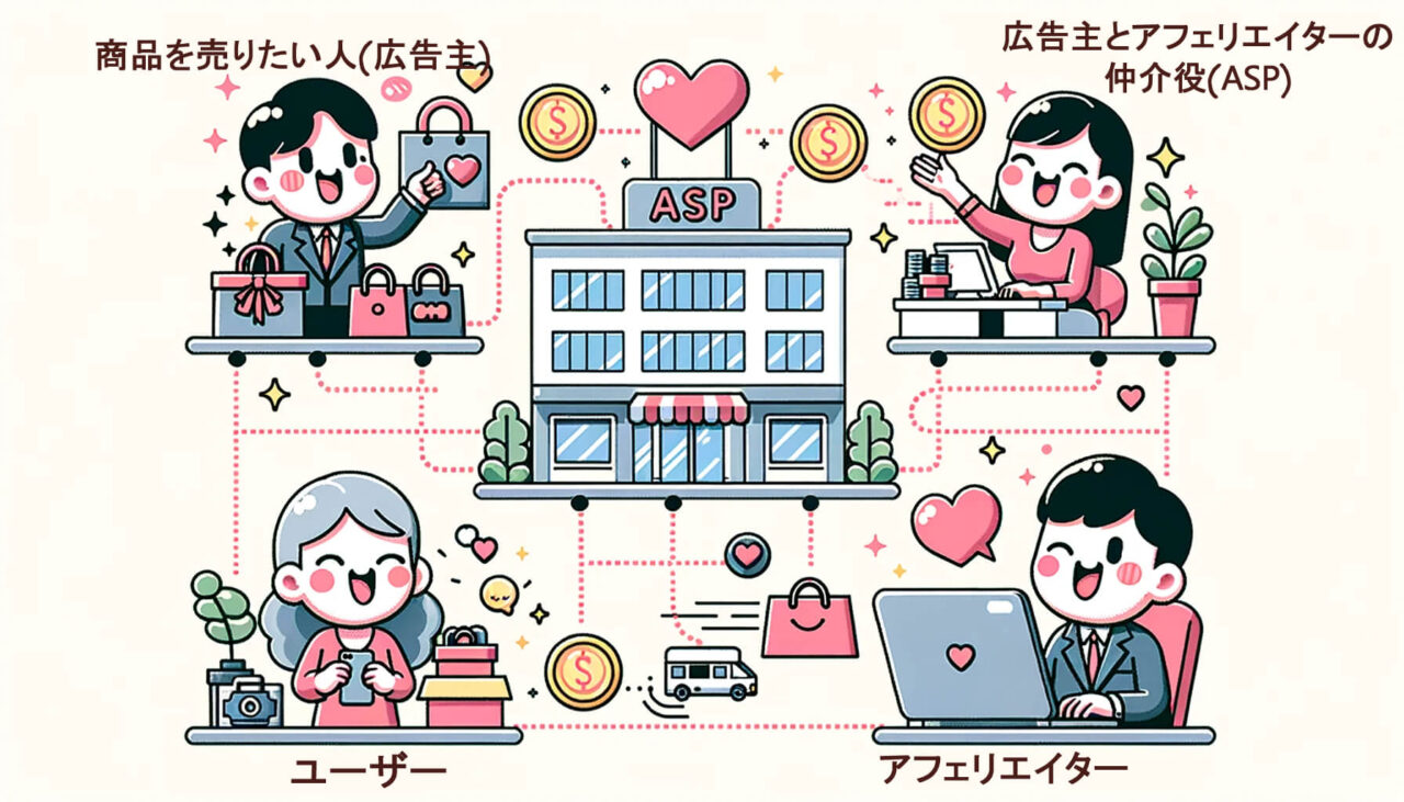 ASPが仲介をして、広告主とアフェリエイター、ユーザーをつないでいるイメージ画像