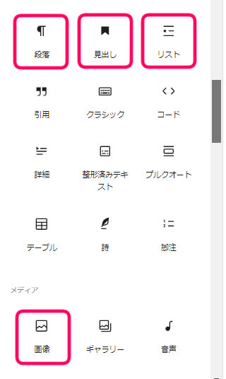 ブロック追加インターフェースで　段落　見出し　リスト　画像のブロックの場所を図解